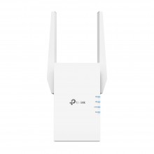 รูปด้านหน้าตรง TP-Link RE705X อุปกรณ์ขยายสัญญาณ Wi-Fi 6 ดีไซน์สีขาวพร้อมเสาสัญญาณ