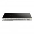 ด้านหน้า D-Link DGS-1210-52 แสดงพอร์ต Gigabit 48 ช่อง และ SFP Combo 4 ช่อง