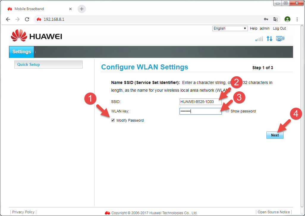 Huawei B525s-65a WiFi Settings