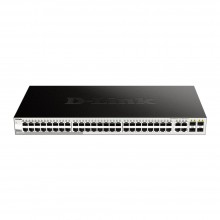 ด้านหน้า D-Link DGS-1210-52 แสดงพอร์ต Gigabit 48 ช่อง และ SFP Combo 4 ช่อง